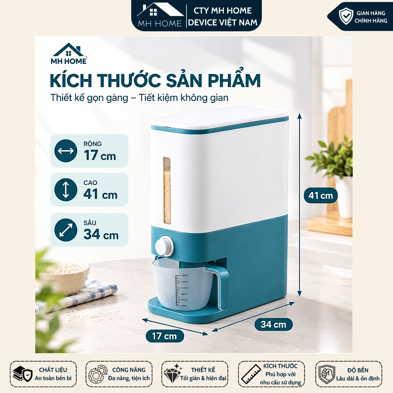 Thùng Gạo Thông Minh MH Home Nhựa PP, Thiết Kế Nhấn Nút Lấy Gạo, Kèm Cốc Đong, Gọn Gàng Tiện Lợi GD